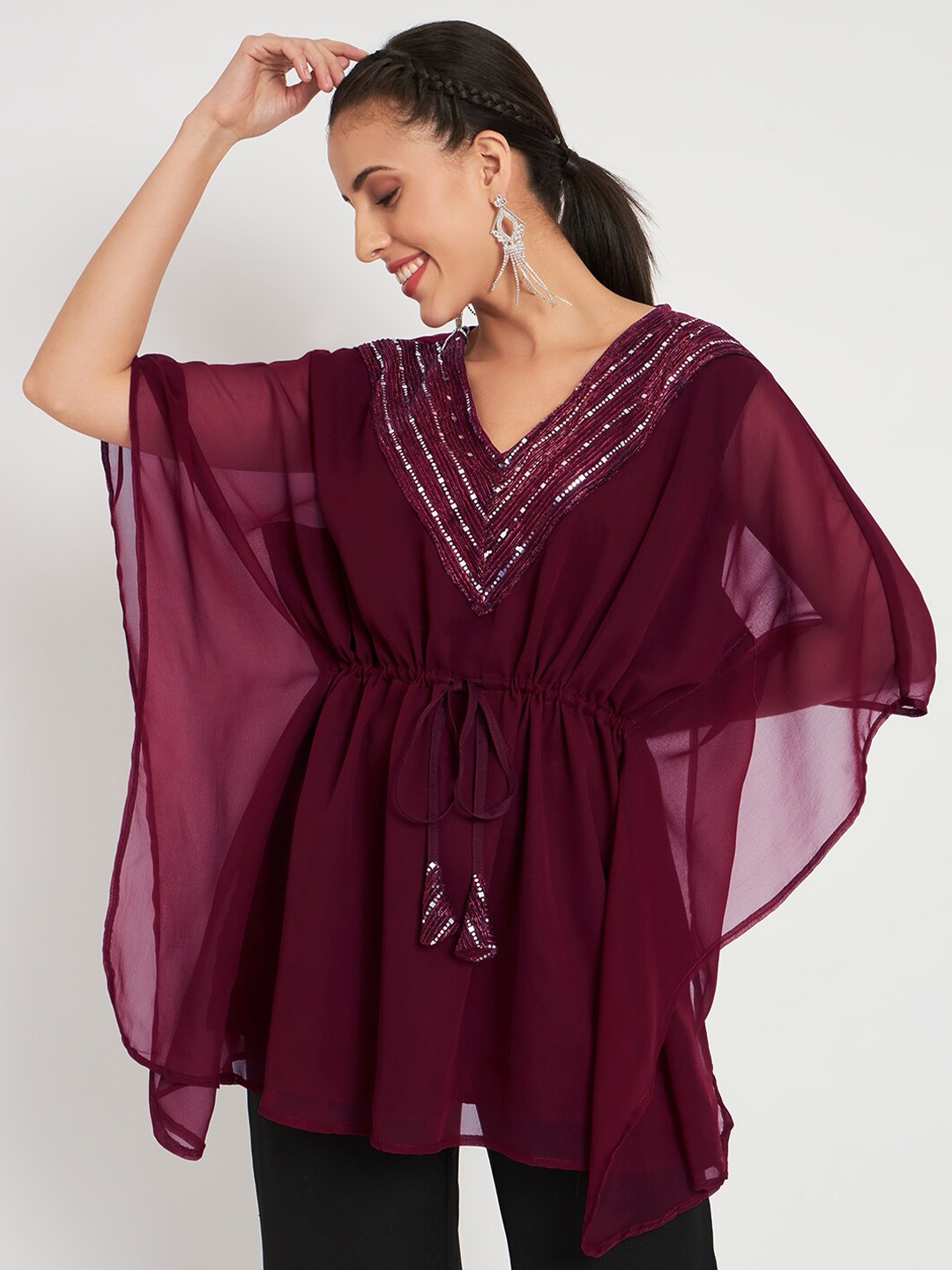 

studio rasa Embellished V-Neck Kaftan Kurti, Maroon
