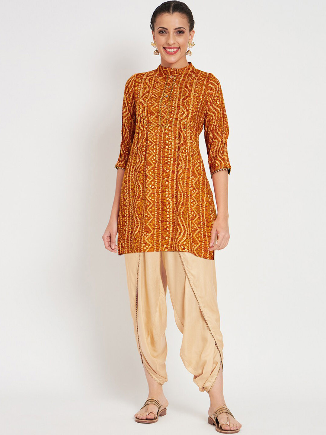 

studio rasa Bandhani Printed Pleated Kurti with Dhoti Pants, Yellow