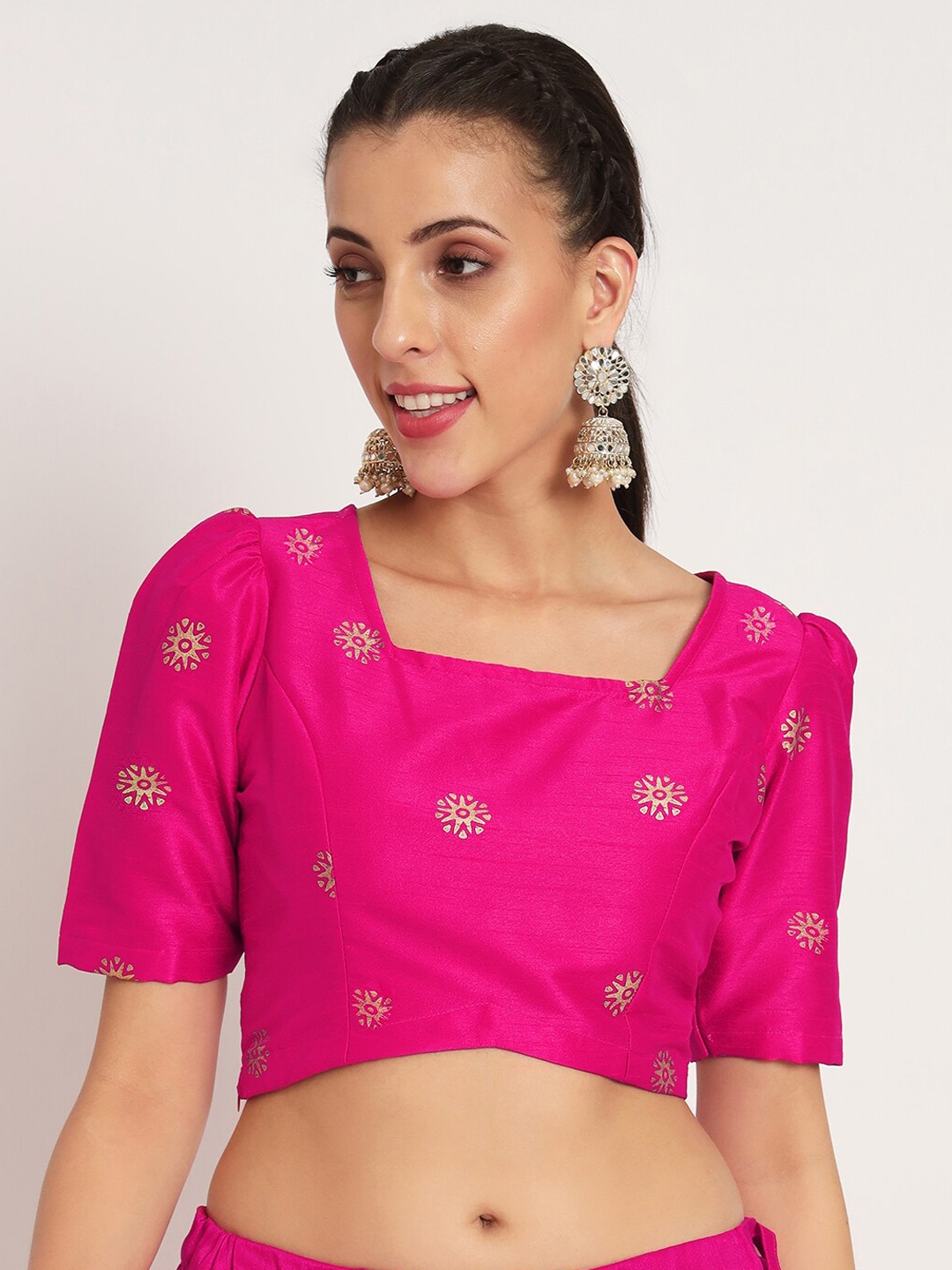 

studio rasa Hand Block Printed Square Neck Saree Blouse, Pink