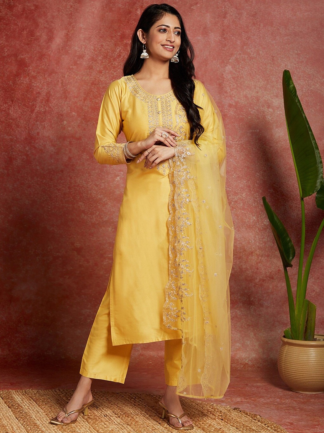 

Libas Ethnic Motifs Yoke Design Regular Kurta with Trousers & Dupatta, Yellow