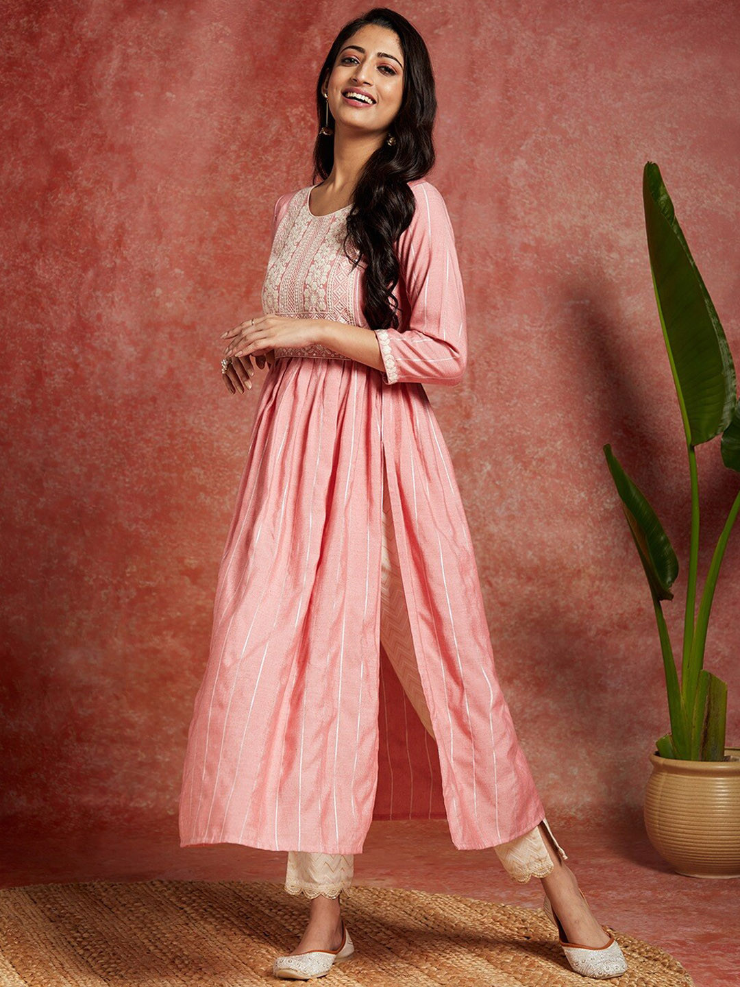 

Libas Ethnic Motifs Embroidered Sequinned Silk A-Line Kurta, Pink