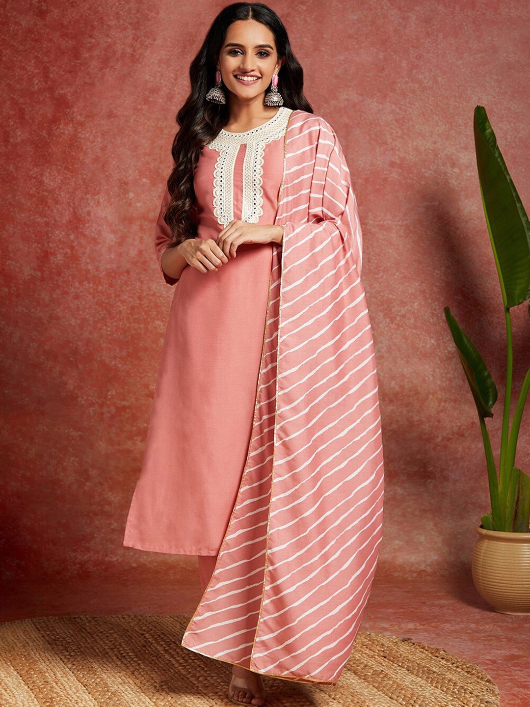 

Libas Floral Yoke Design Regular Mirror Work Kurta With Trousers & Dupatta, Peach