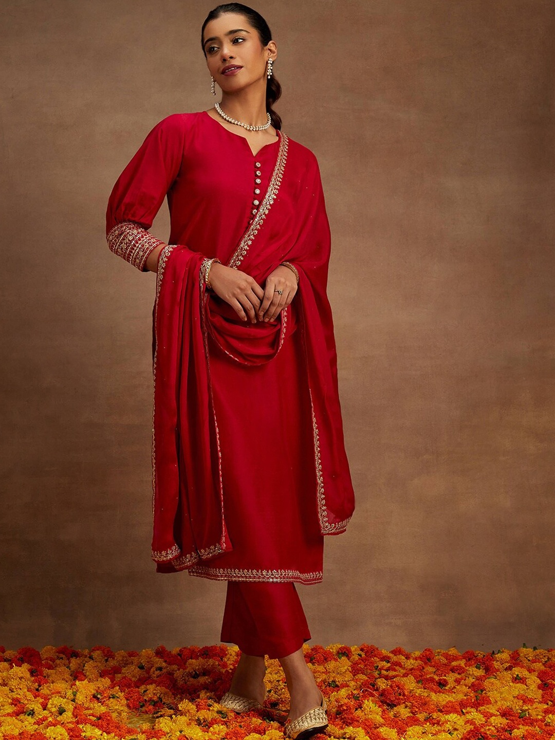 

Libas Embroidered Regular Kurta With Trousers & Dupatta, Red
