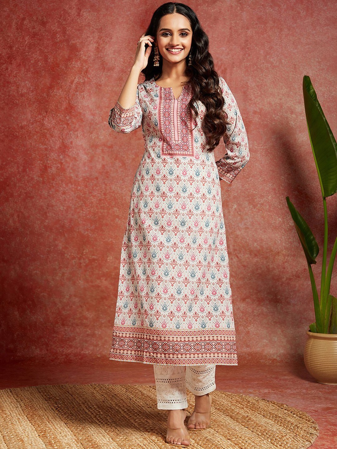 

Libas Ethnic Motifs Printed Straight Kurta, Cream