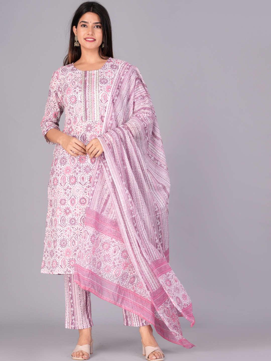 

KALINI Floral Printed Regular Pure Cotton Kurta with Trousers & Dupatta, White