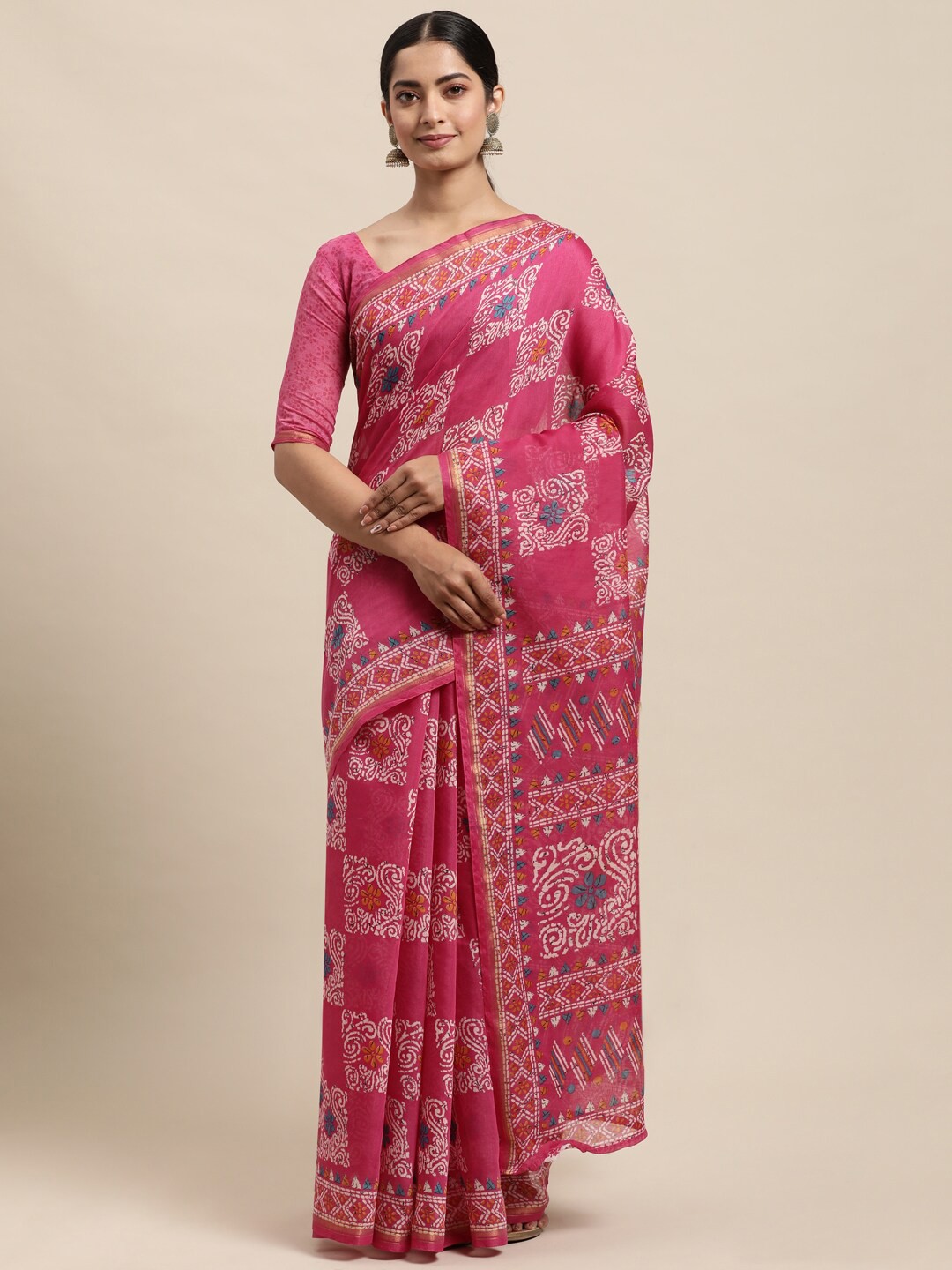 

Shaily Pink & White Ethnic Motifs Zari Block Printed Saree