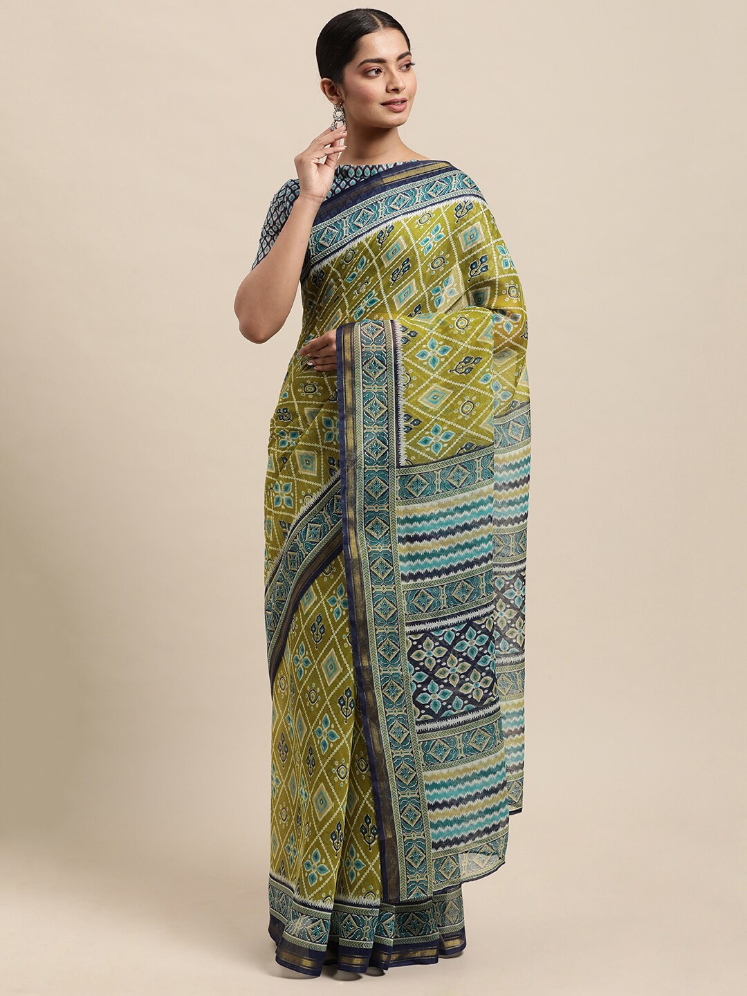 

Shaily Green & Blue Bandhani Printed Zari Saree