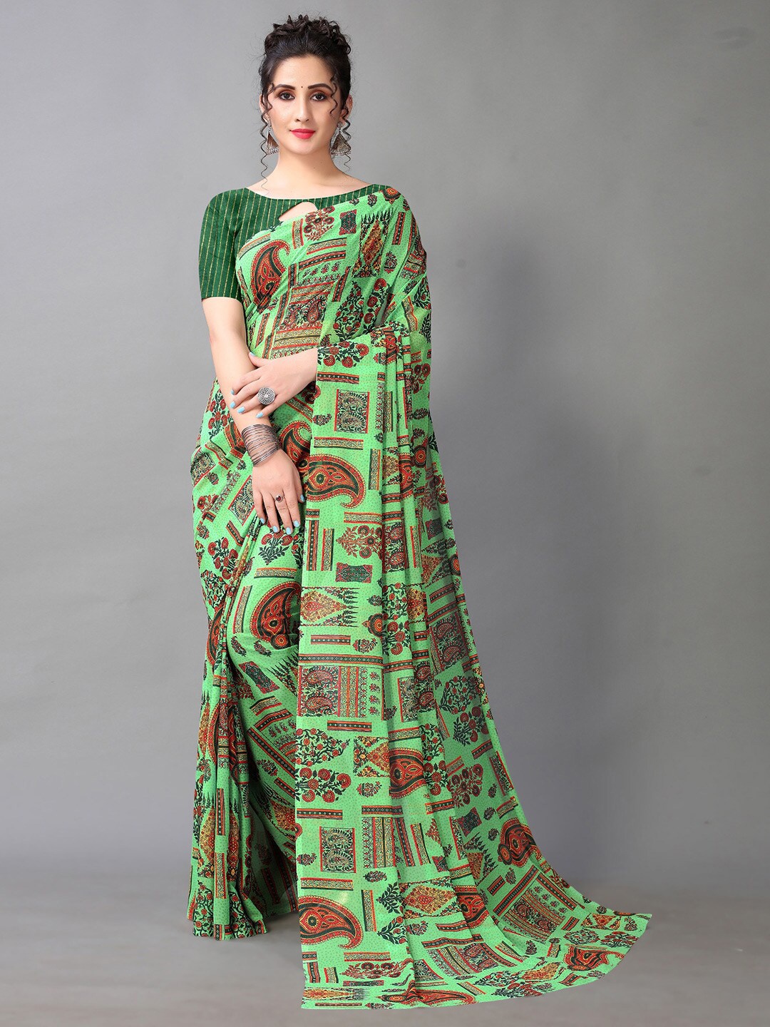 

Shaily Ethnic Motifs Printed Pure Georgette Saree, Green