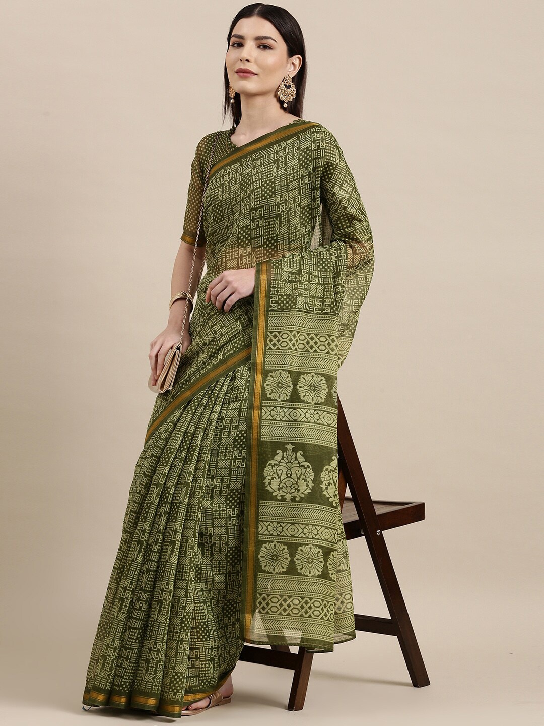 

Shaily Geometric Printed Zari Block Print Saree, Green