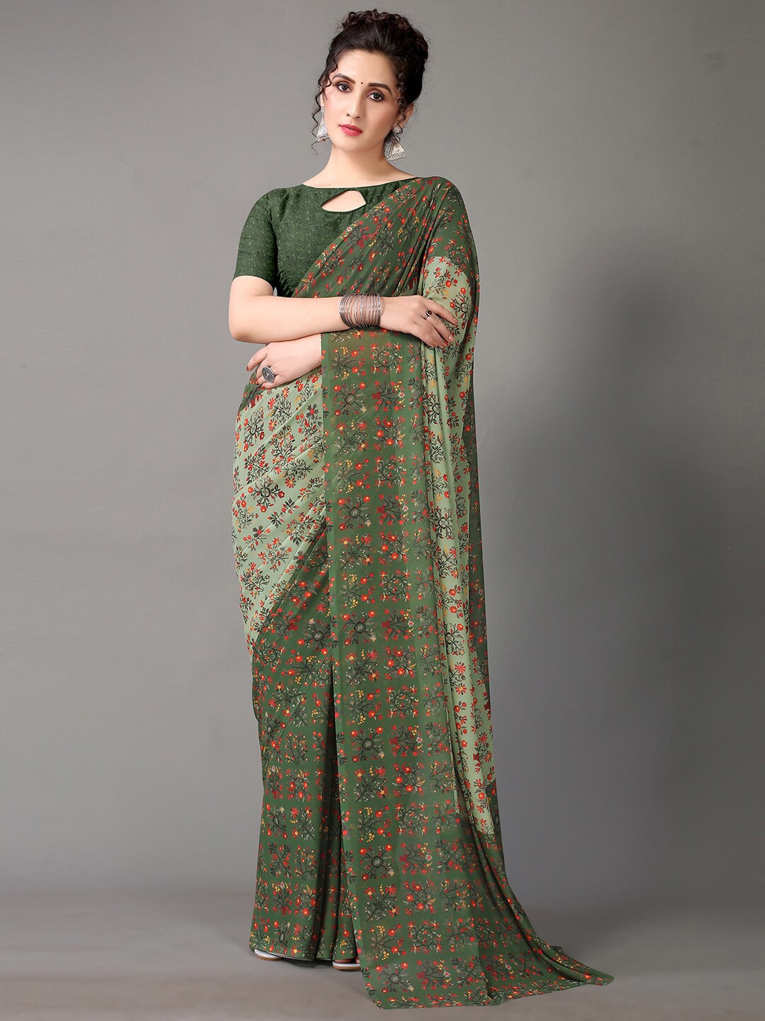 

Shaily Floral Printed Pure Georgette Saree, Green