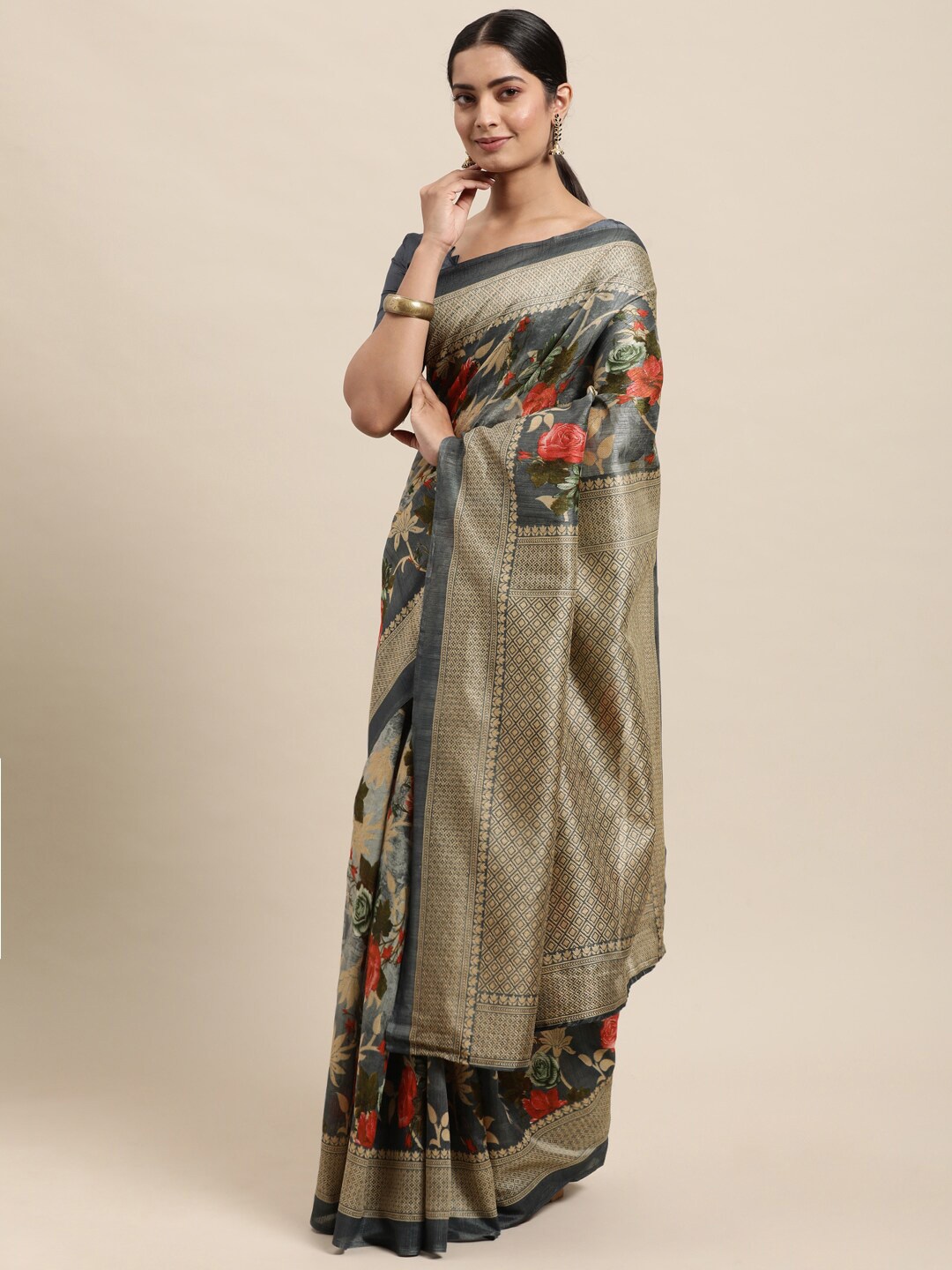 

Shaily Grey & Red Floral Printed Saree