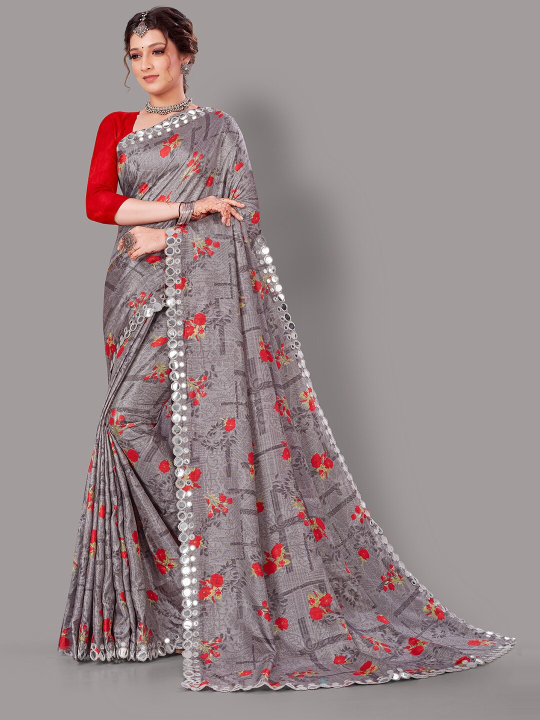 

Shaily Grey & Red Floral Printed Mirror Work Saree
