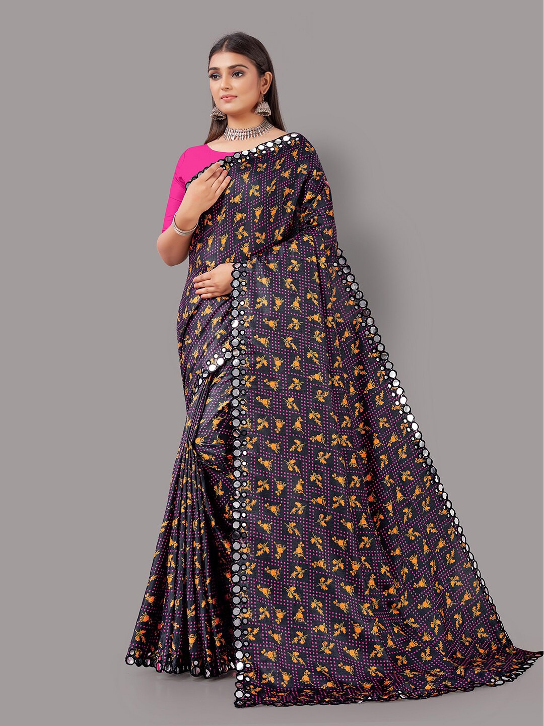 

Shaily Floral Printed Mirror Work Saree, Black