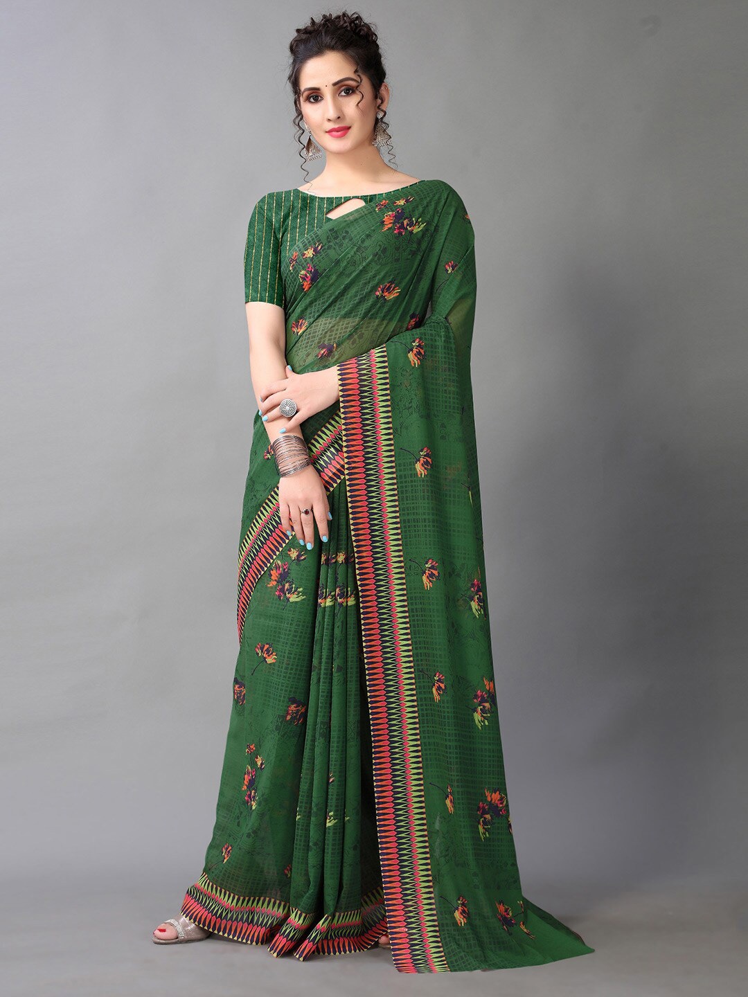 

Shaily Floral Printed Pure Georgette Saree, Green