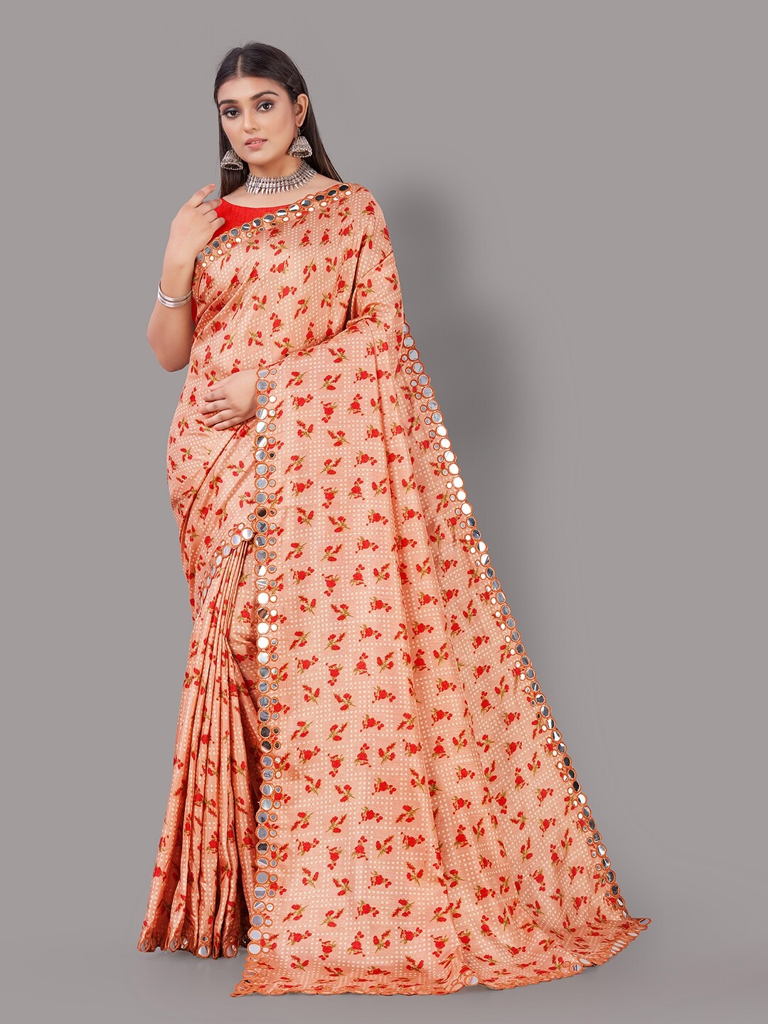 

Shaily Floral Printed Mirror Work Saree, Cream