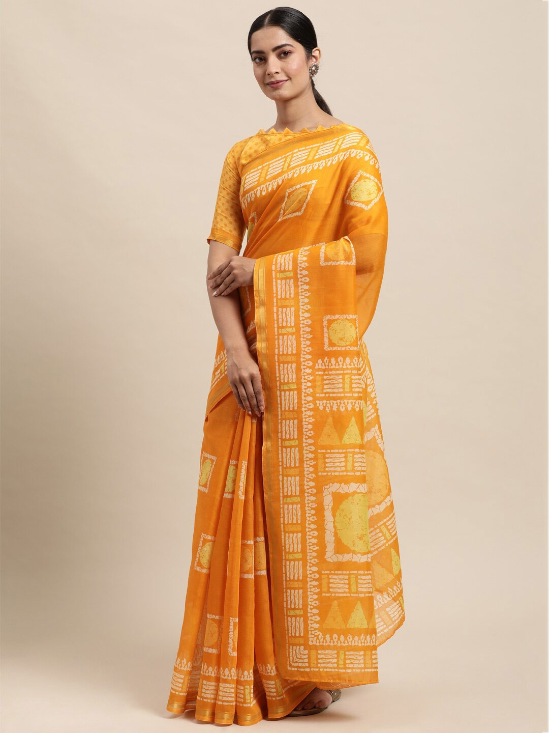 

Shaily Batik Printed Zari Block Print Saree, Mustard