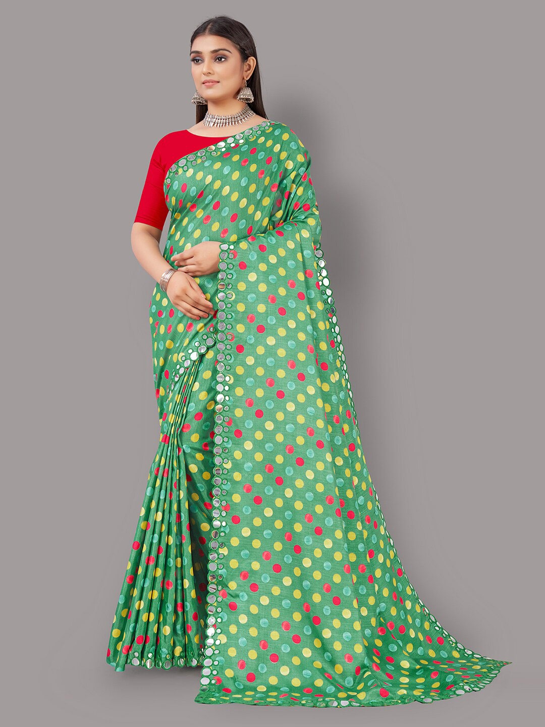 

Shaily Green & Red Polka Dots Printed Mirror Work Mysore Silk Saree