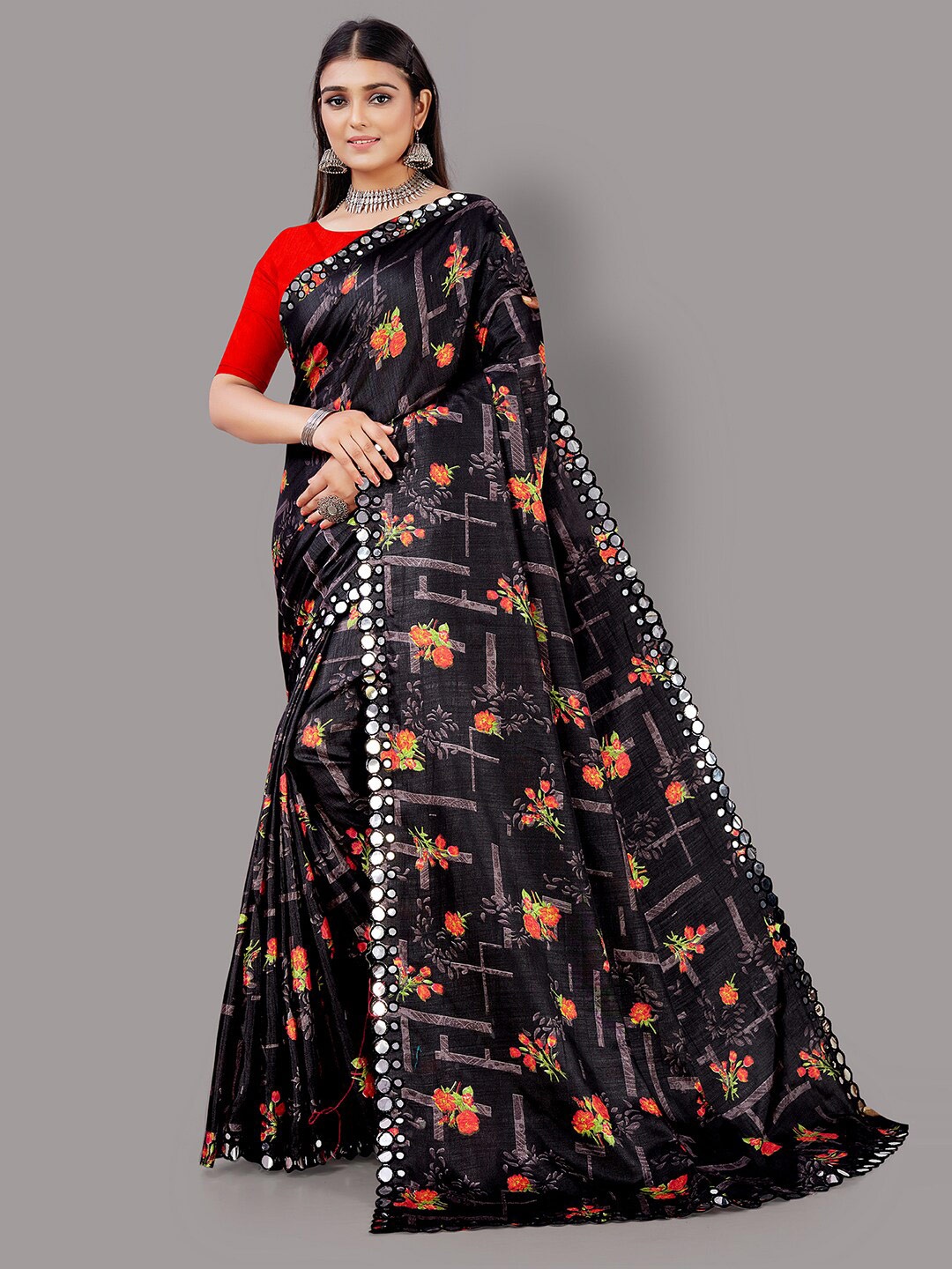 

Shaily Black Floral Printed Mirror Work Saree