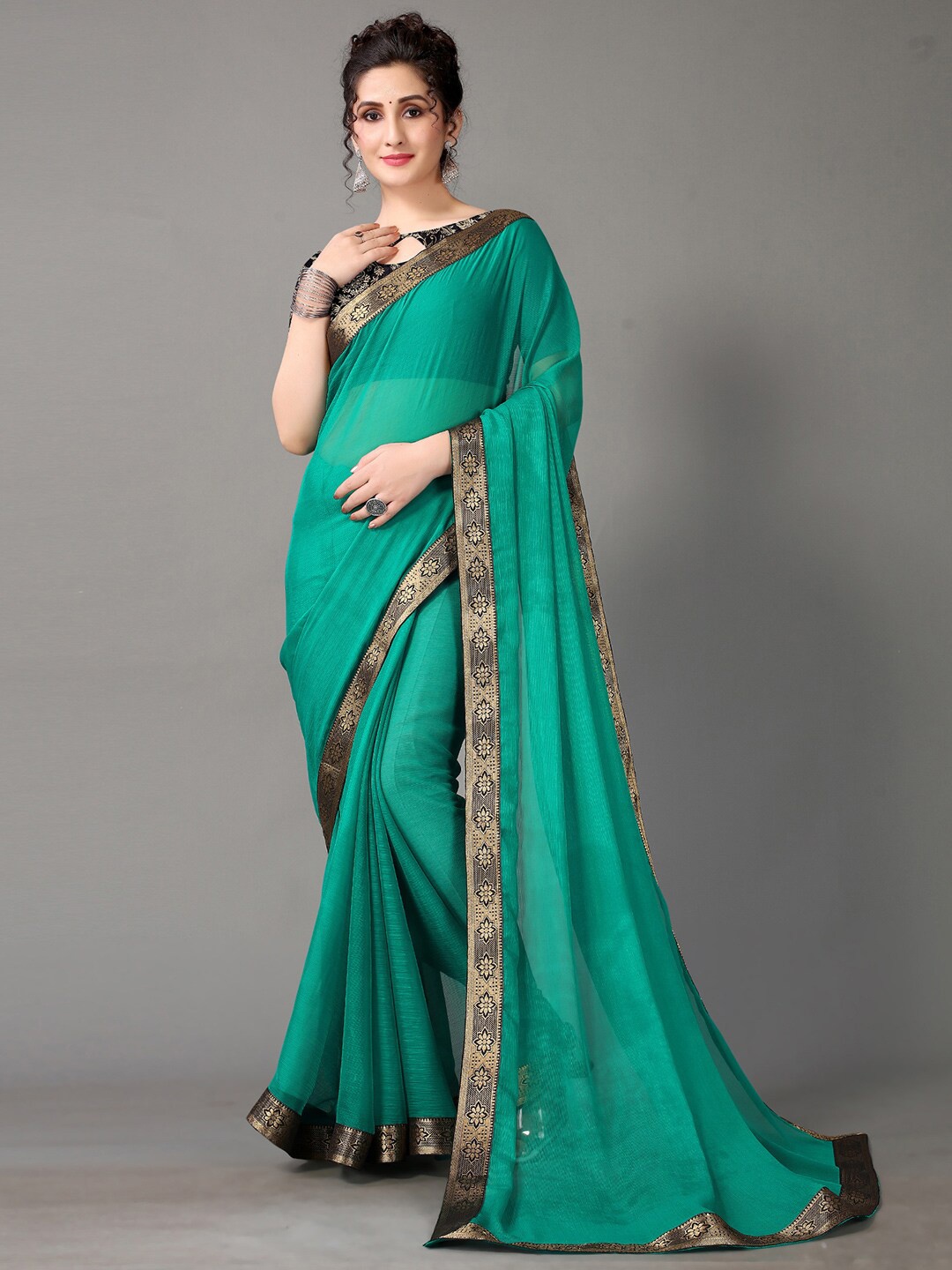 

Shaily Green & Gold-Toned Zari Poly Chiffon Saree
