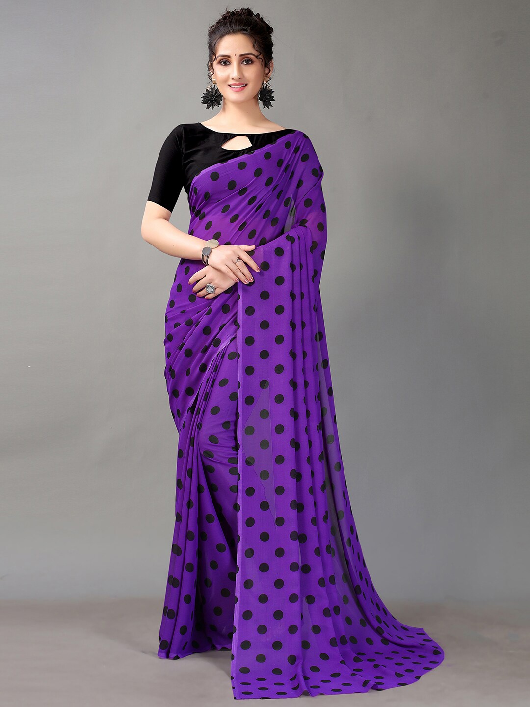 

Shaily Polka Dot Printed Poly Georgette Saree, Purple