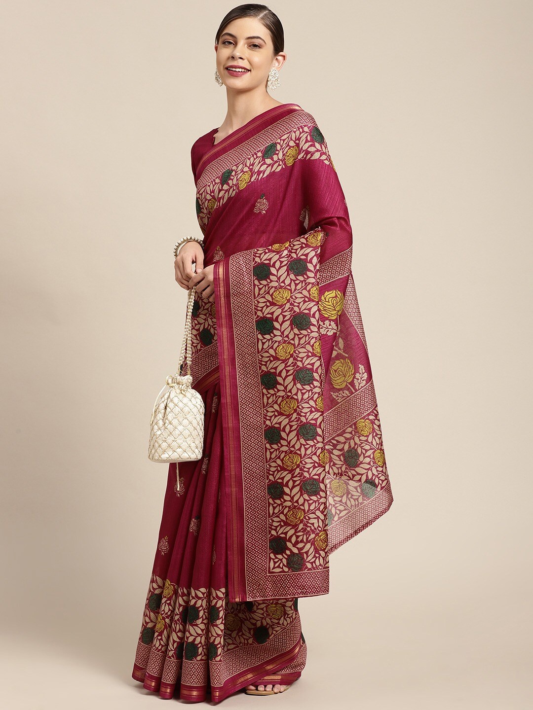 

Shaily Purple & Green Floral Printed Zari Mysore Silk Saree