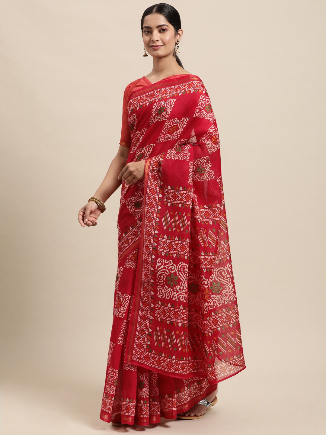 

Shaily Ethnic Motifs Printed Zari Block Print Saree, Red
