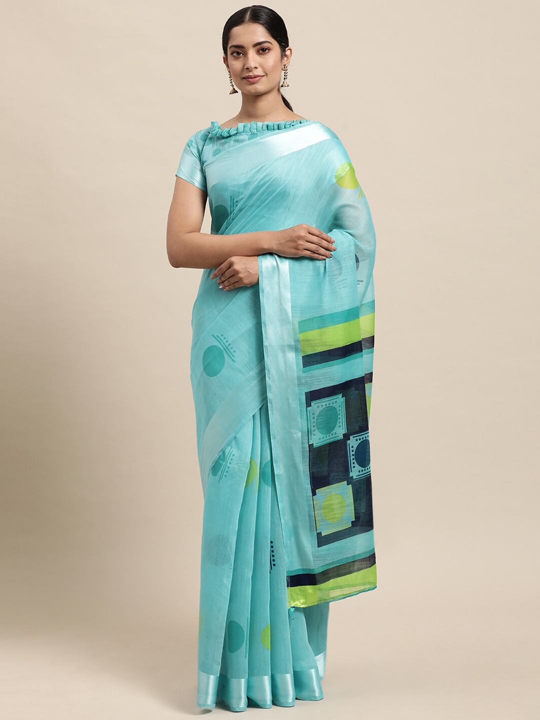 

Shaily Blue & Green Geometric Zari Block Printed Saree