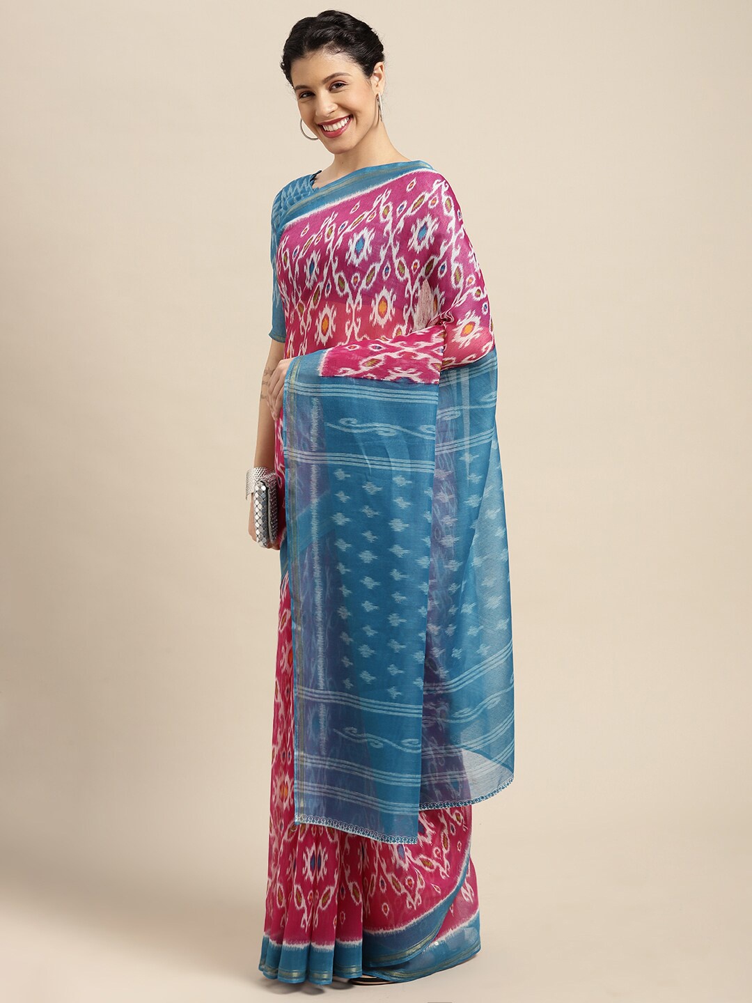 

Shaily Ethnic Motifs Printed Zari Ikat Saree, Pink