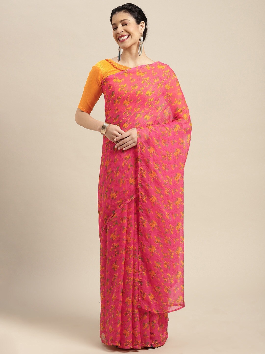 

Shaily Pink & Yellow Floral Printed Pure Chiffon Saree