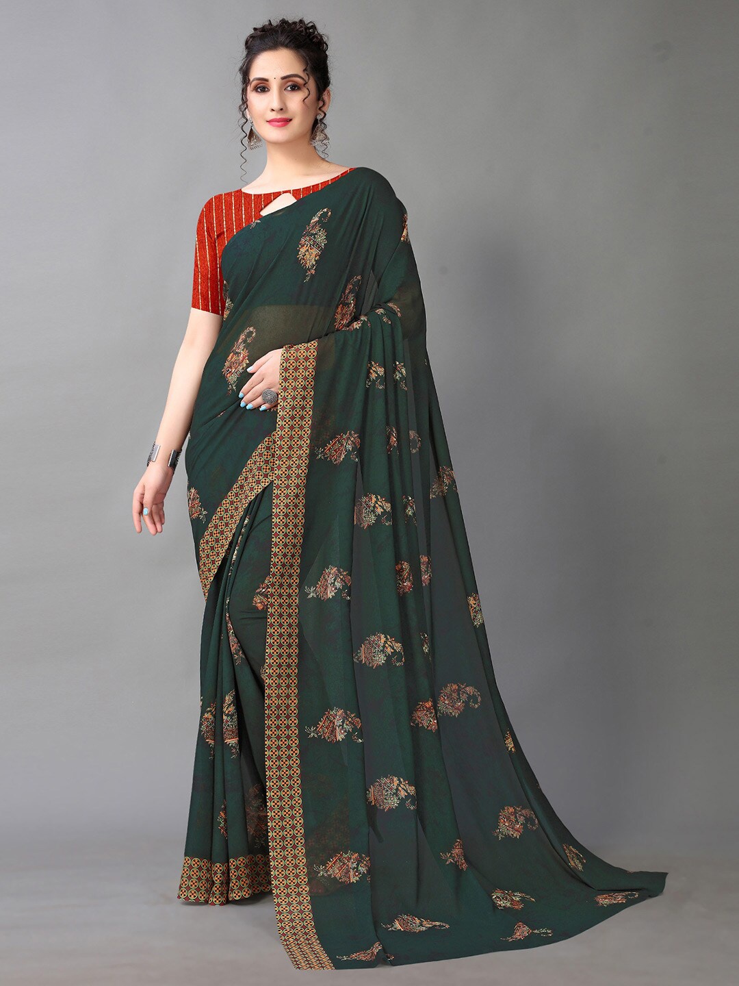 

Shaily Olive Green & Red Ethnic Motifs Printed Pure Georgette Saree