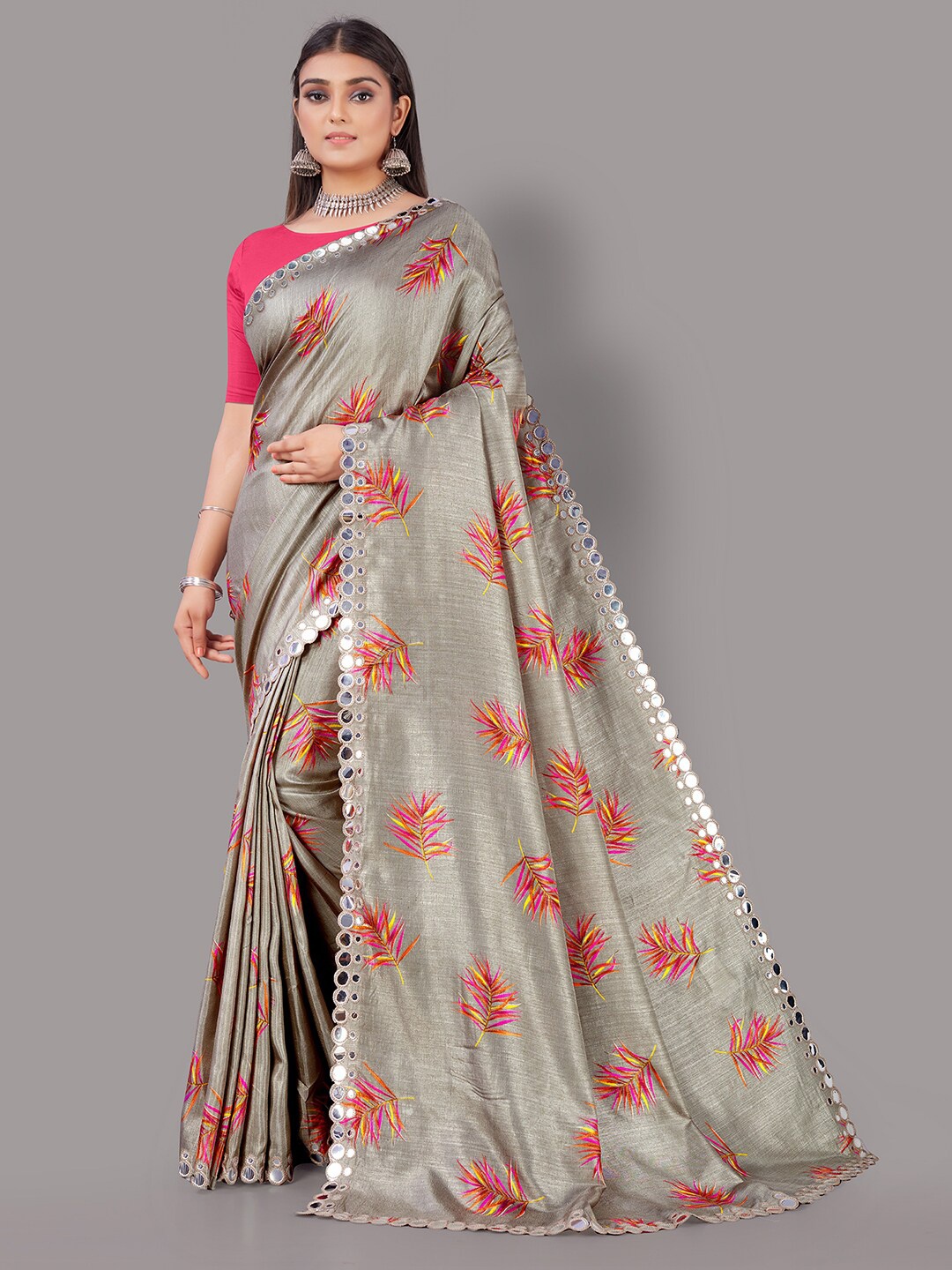 

Shaily Floral Printed Mirror Work Mysore Silk Saree, Olive