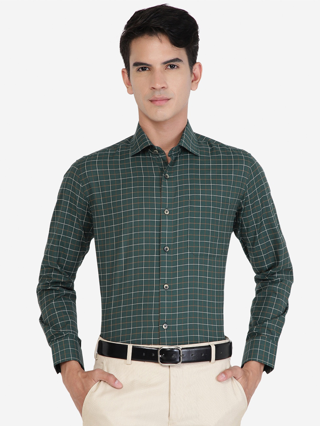 

Greenfibre Slim Fit Grid Tattersall Checked Cotton Formal Shirt, Green