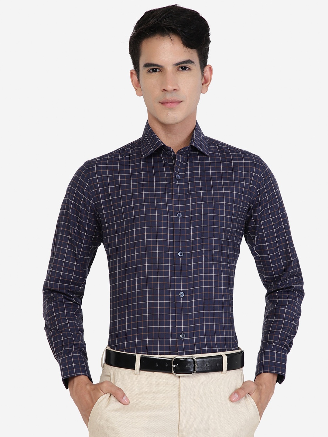 

Greenfibre Slim Fit Grid Tattersall Checked Spread Collar Chest Pocket Cotton Formal Shirt, Blue