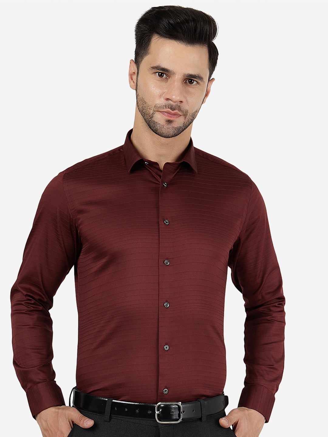 

Greenfibre Slim Fit Textured Spread Collar Long Sleeve Cotton Casual Shirt, Maroon