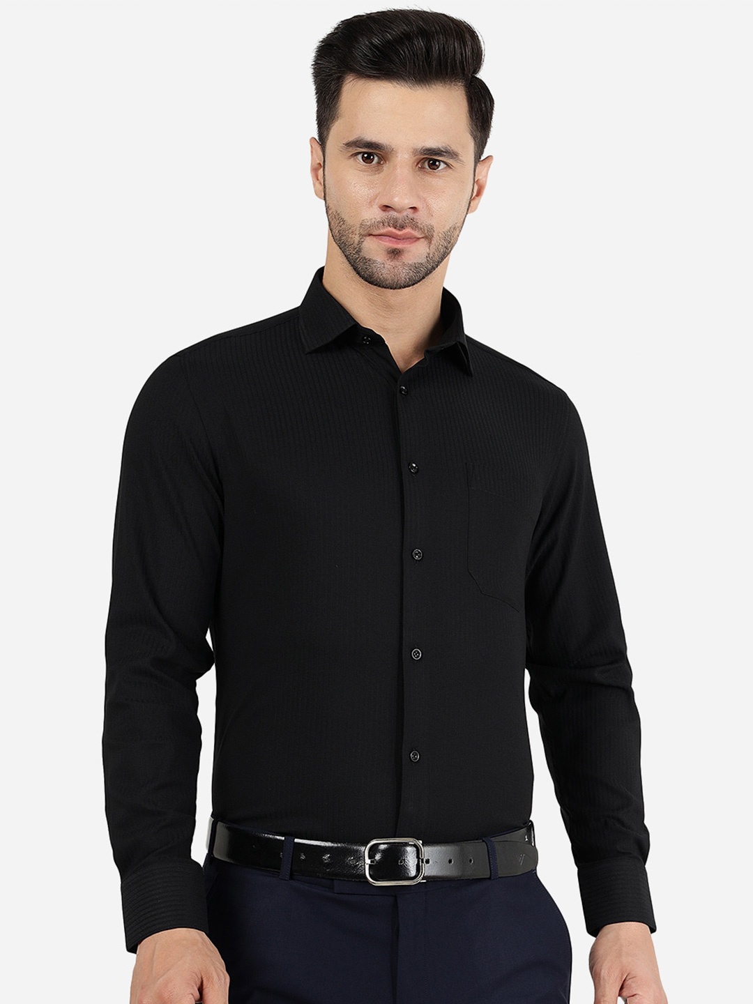 

Greenfibre Slim Fit Spread Collar Chest Pocket Cotton Formal Shirt, Black