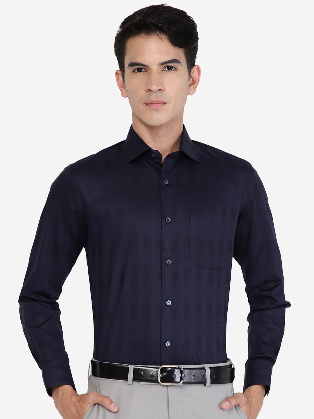

Greenfibre Slim Fit Textured Spread Collar Long Sleeve Cotton Formal Shirt, Blue