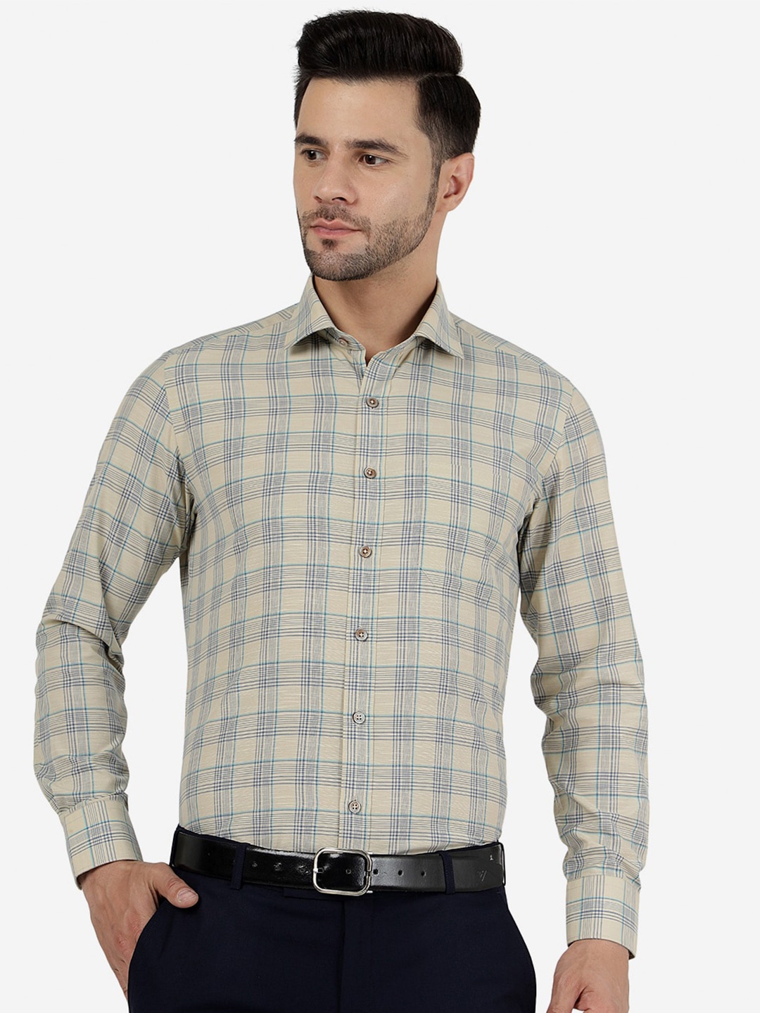 

Greenfibre Slim Fit Tartan Checks Spread Collar Long Sleeve Cotton Formal Shirt, Beige