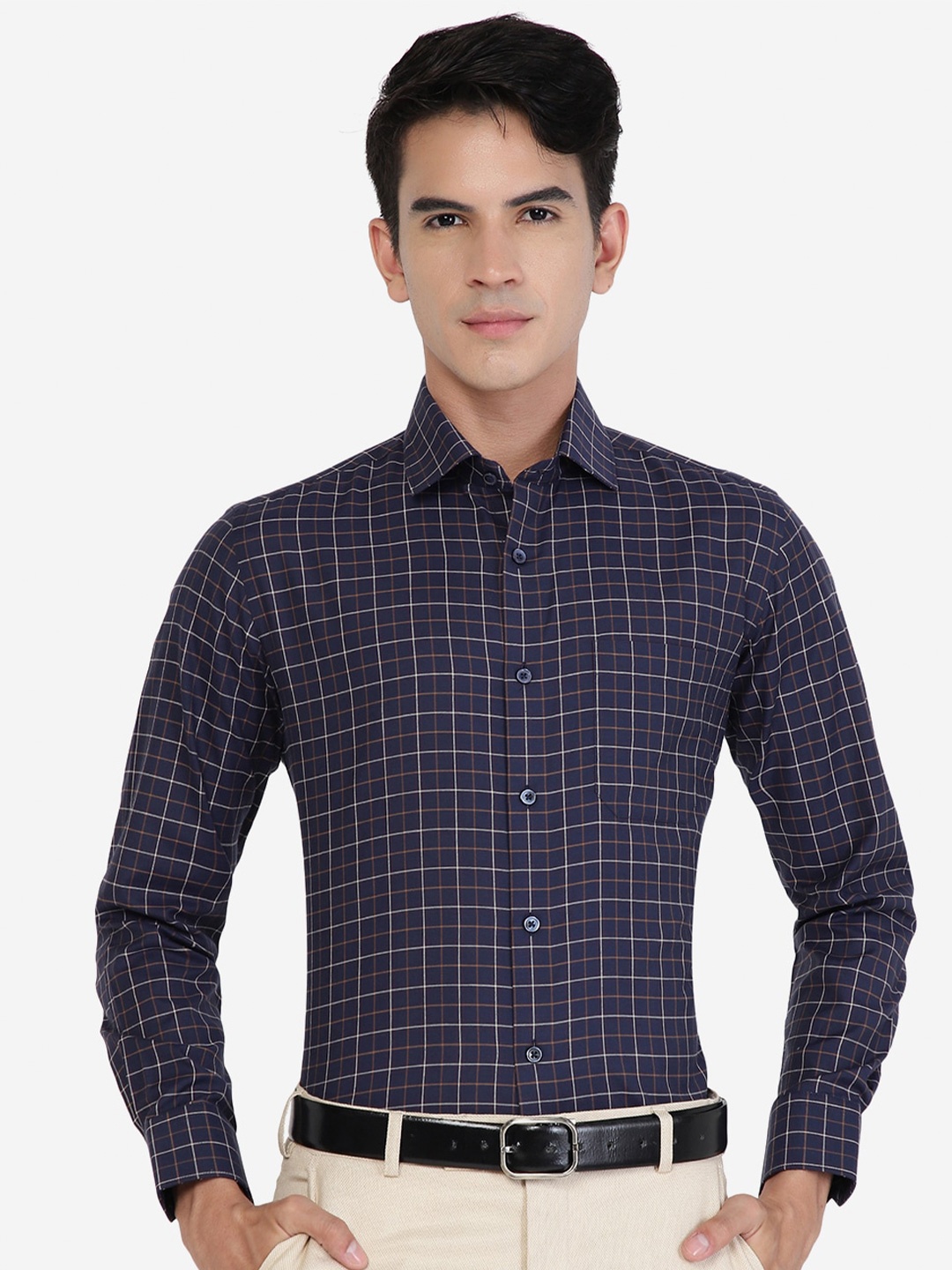 

Greenfibre Slim Fit Grid Tattersall Checked Spread Collar Chest Pocket Cotton Formal Shirt, Blue