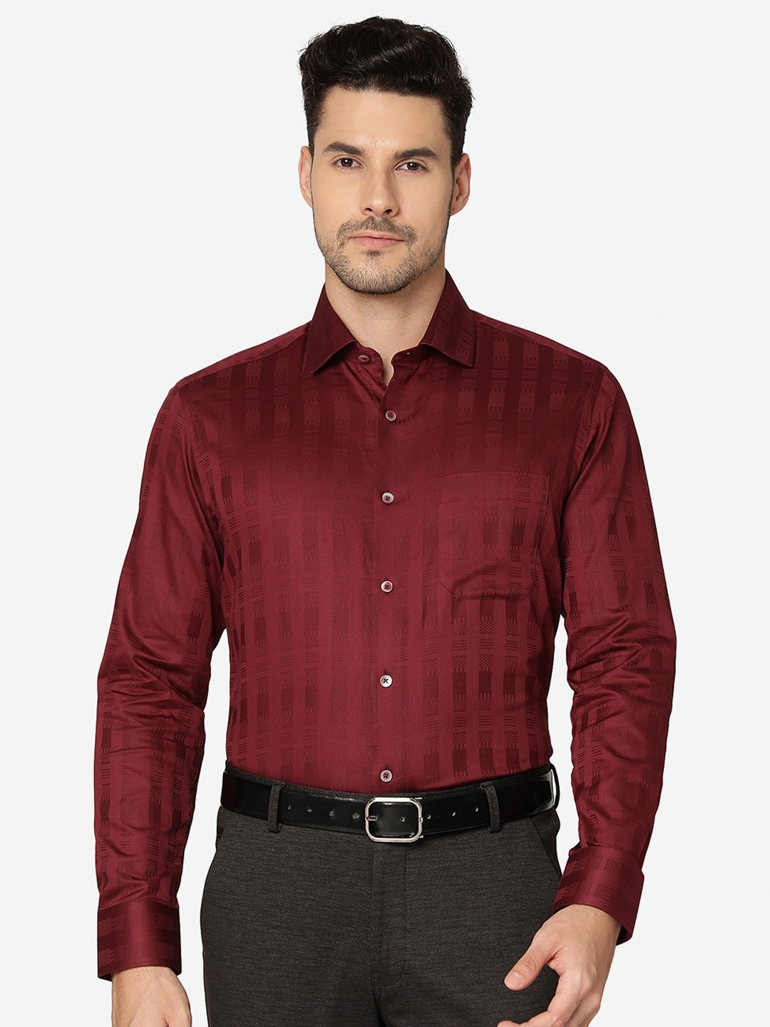 

Greenfibre Slim Fit Self Design Cotton Formal Shirt, Maroon