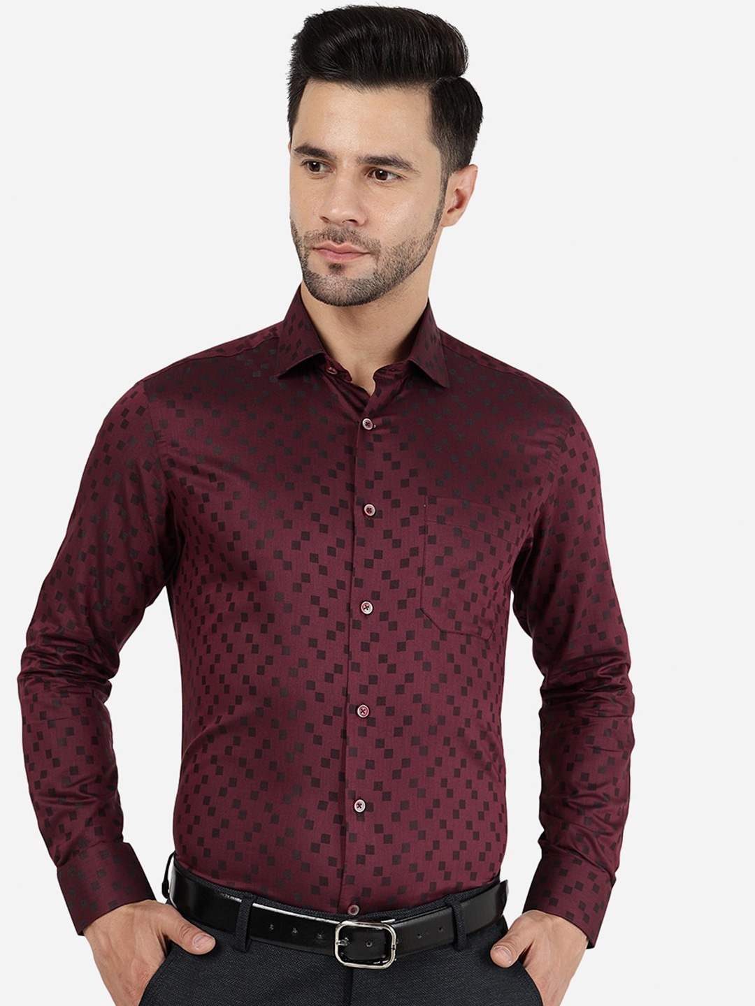 

Greenfibre Slim Fit Geometric Printed Spread Collar Chest Pocket Cotton Formal Shirt, Maroon