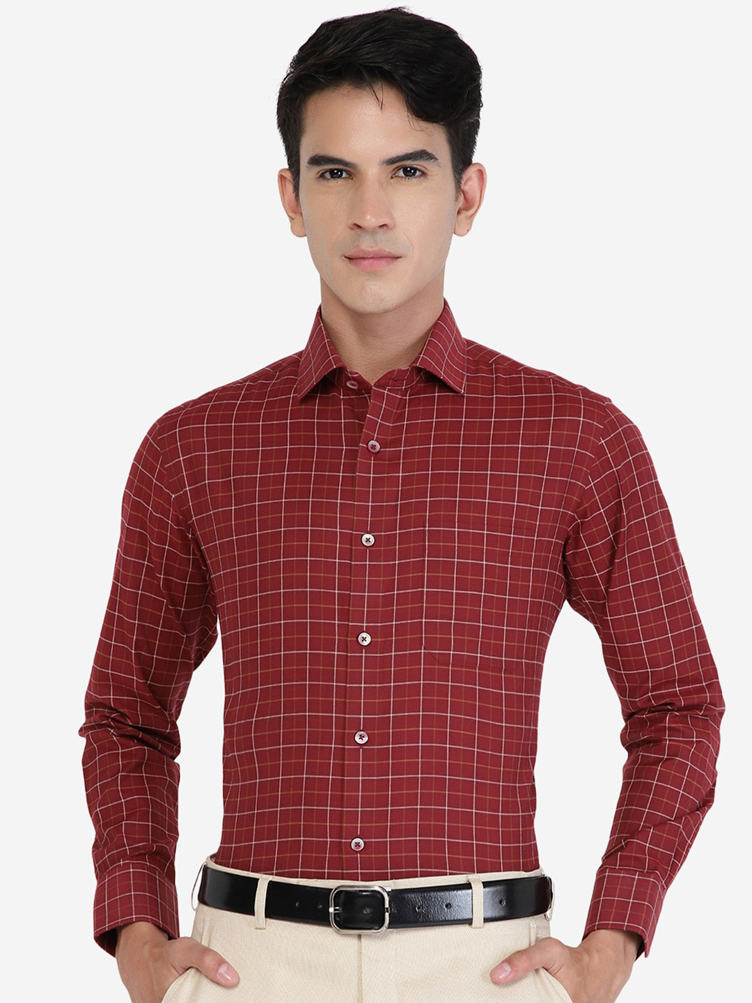 

Greenfibre Fit Grid Tattersall Checked Cotton Formal Shirt, Maroon