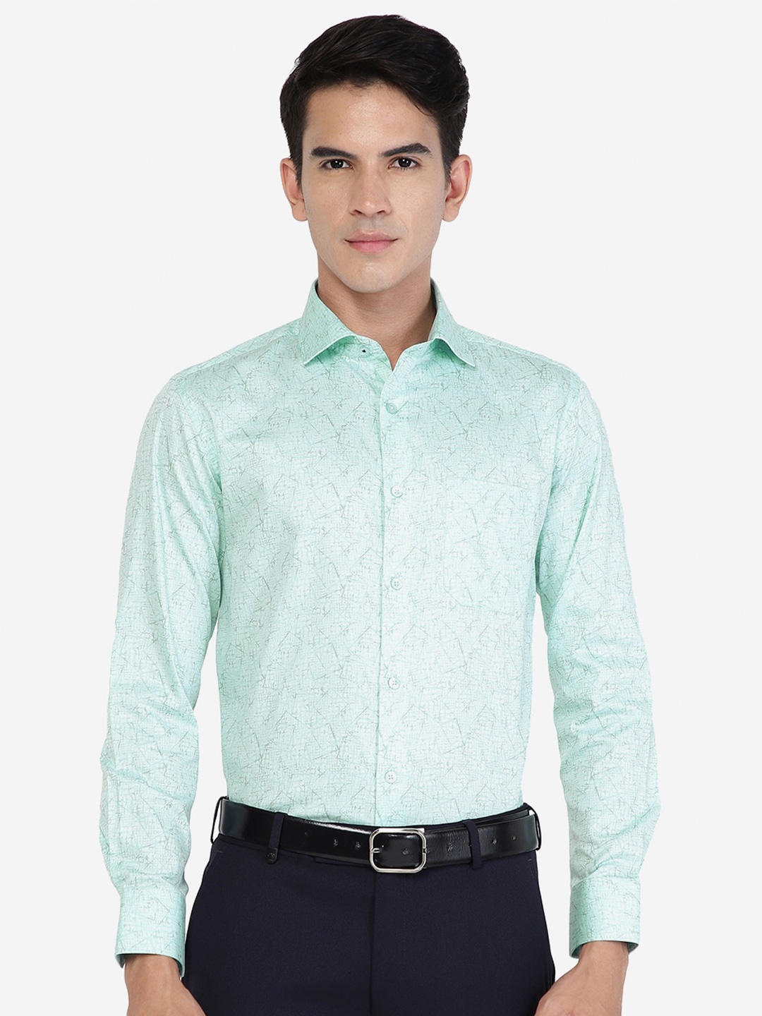 

Greenfibre Slim Fit Abstract Printed Spread Collar Chest Pocket Cotton Formal Shirt, Blue