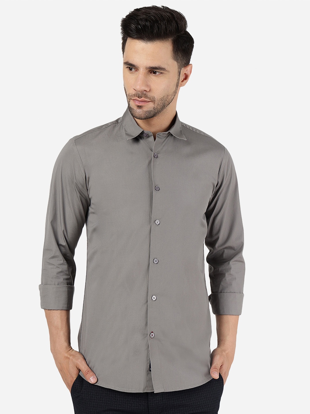 

JADE BLUE Spread Collar Cotton Slim Fit Casual Shirt, Grey