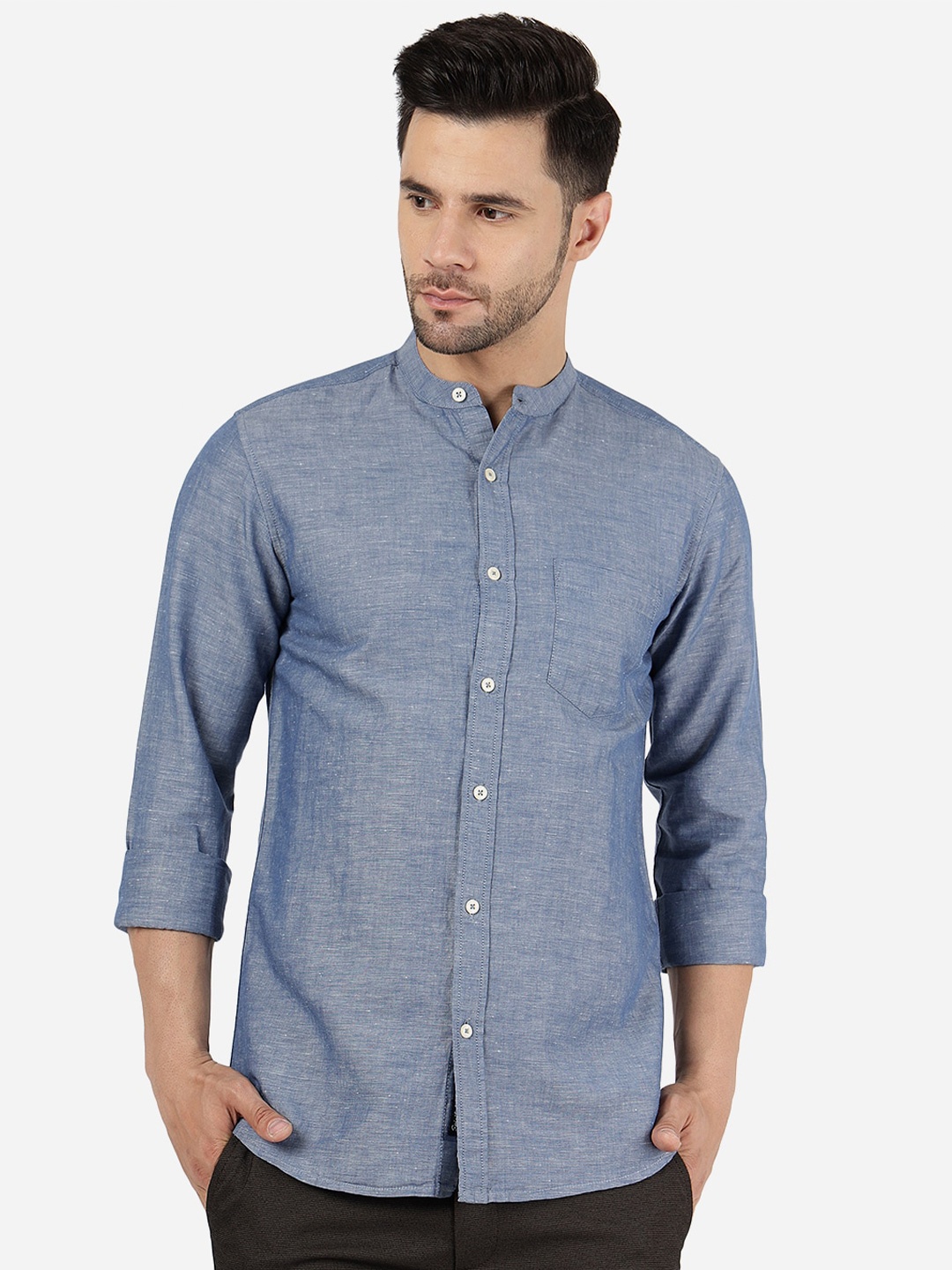 

JADE BLUE Band Collar Cotton Slim Fit Casual Shirt