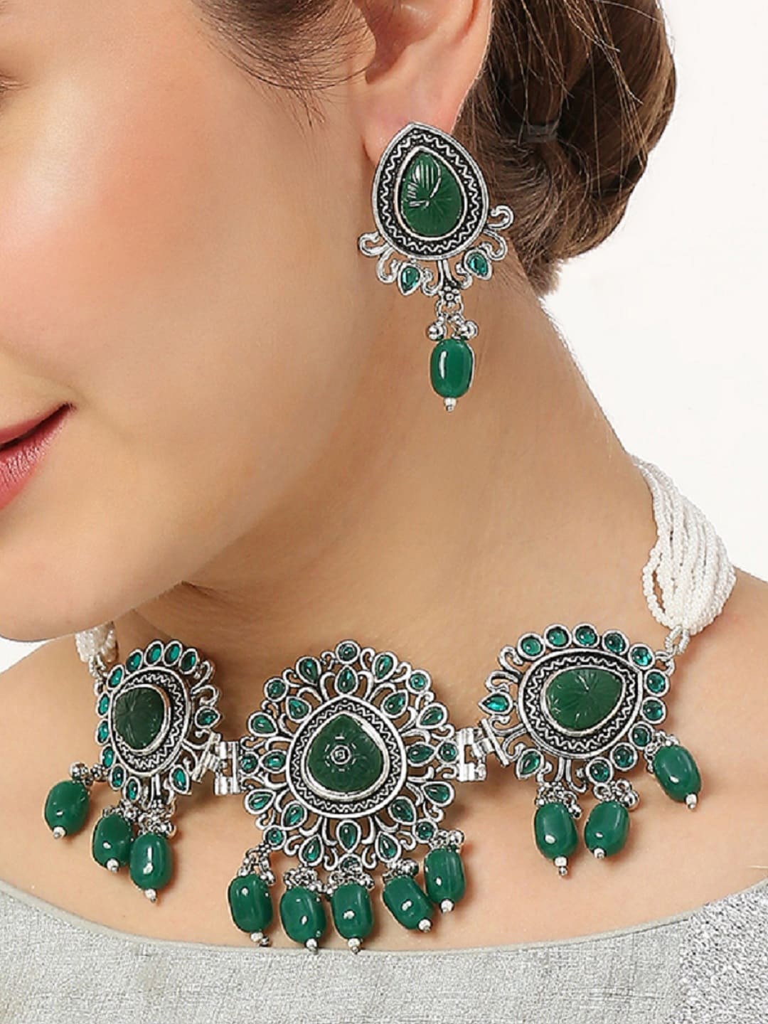 

OOMPH Oxidised Jaipur Stone Studded Choker Necklace With Drop Earrings Set, Green