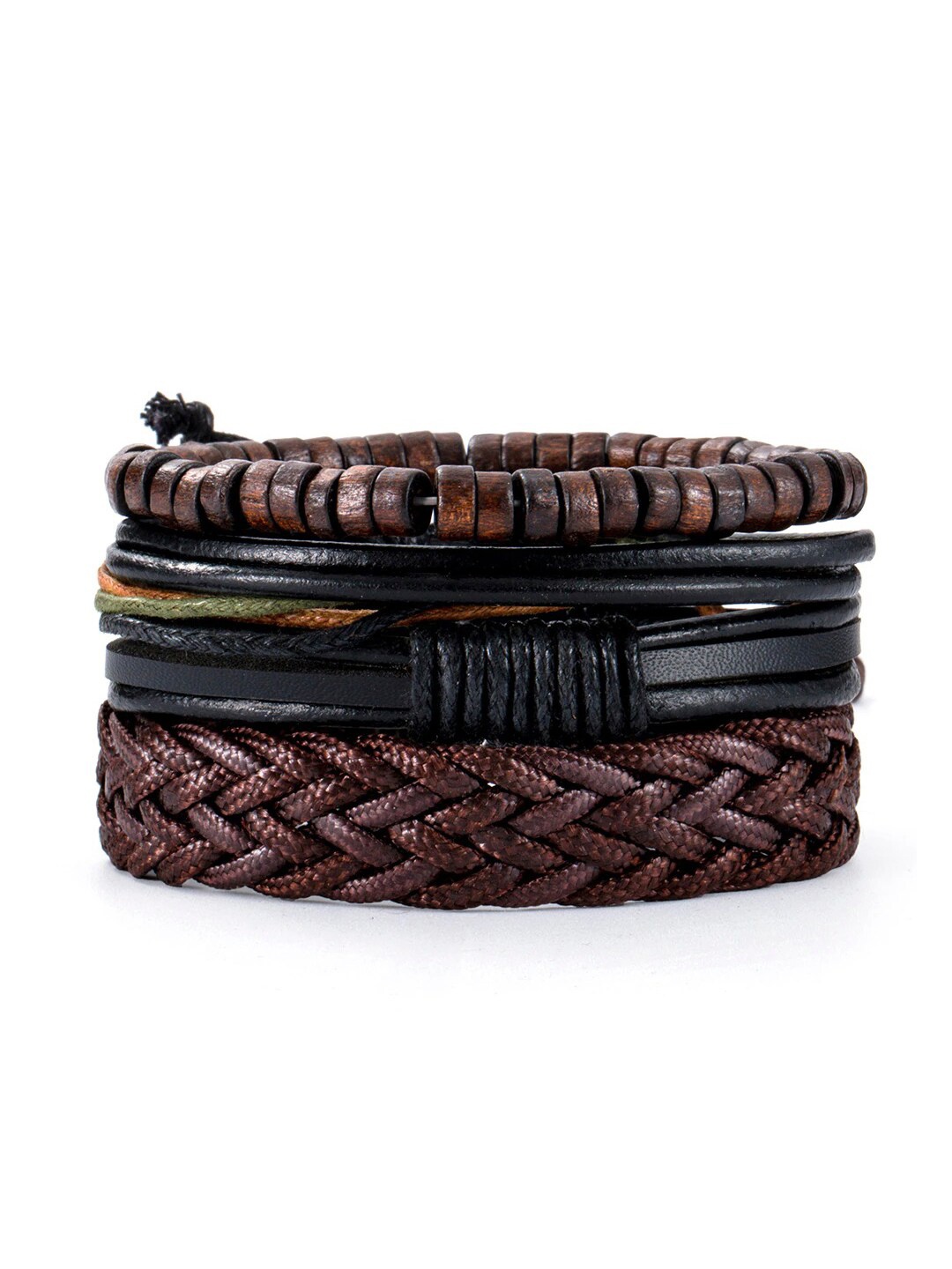 

OOMPH Men Set Of 4 Leather Wraparound Bracelet, Brown