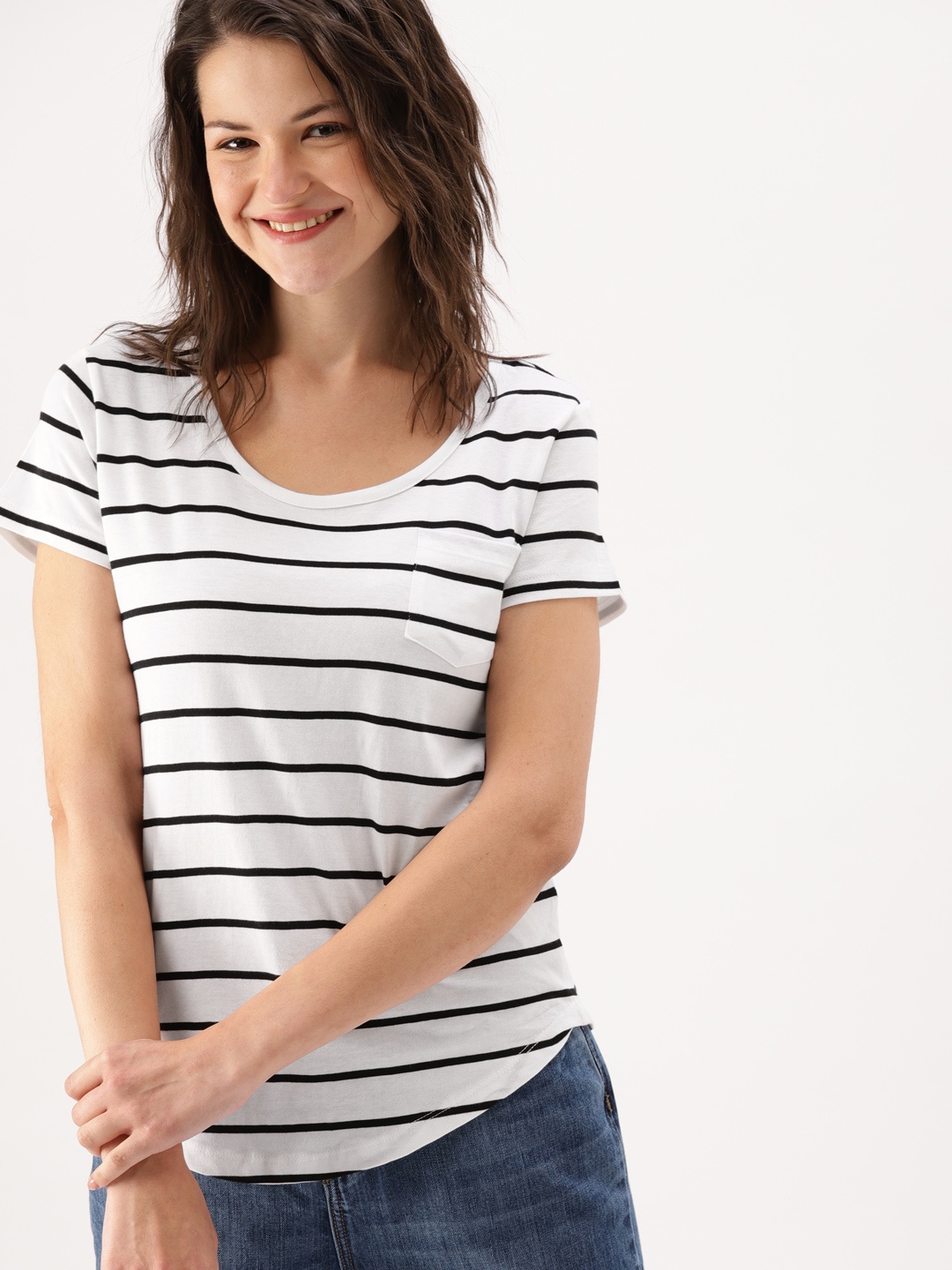 

DressBerry Women White & Black Striped Round Neck T-shirt