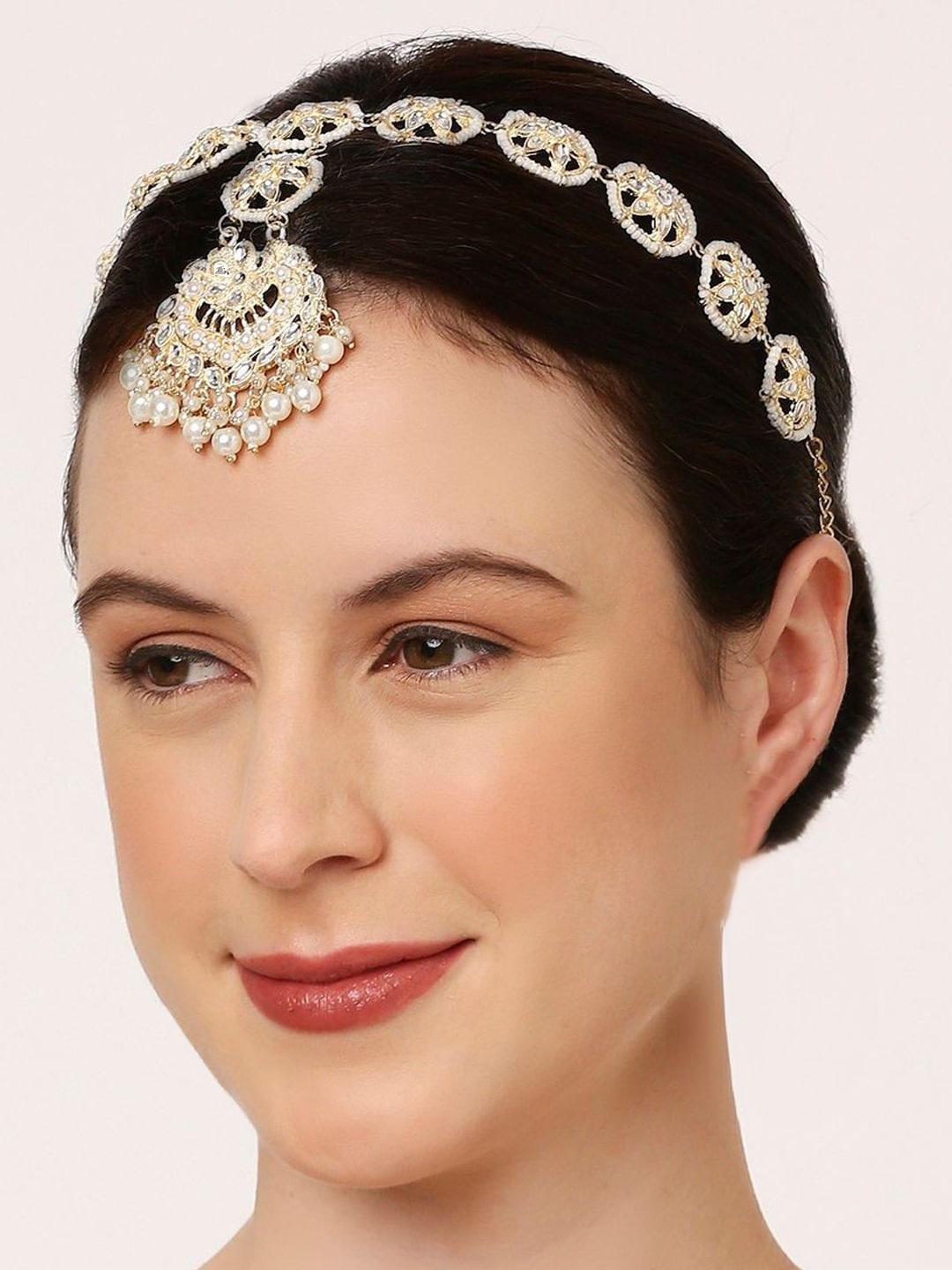 

OOMPH Kundan Studded & Pearls Beaded Sheeshphool Matha Patti, Gold