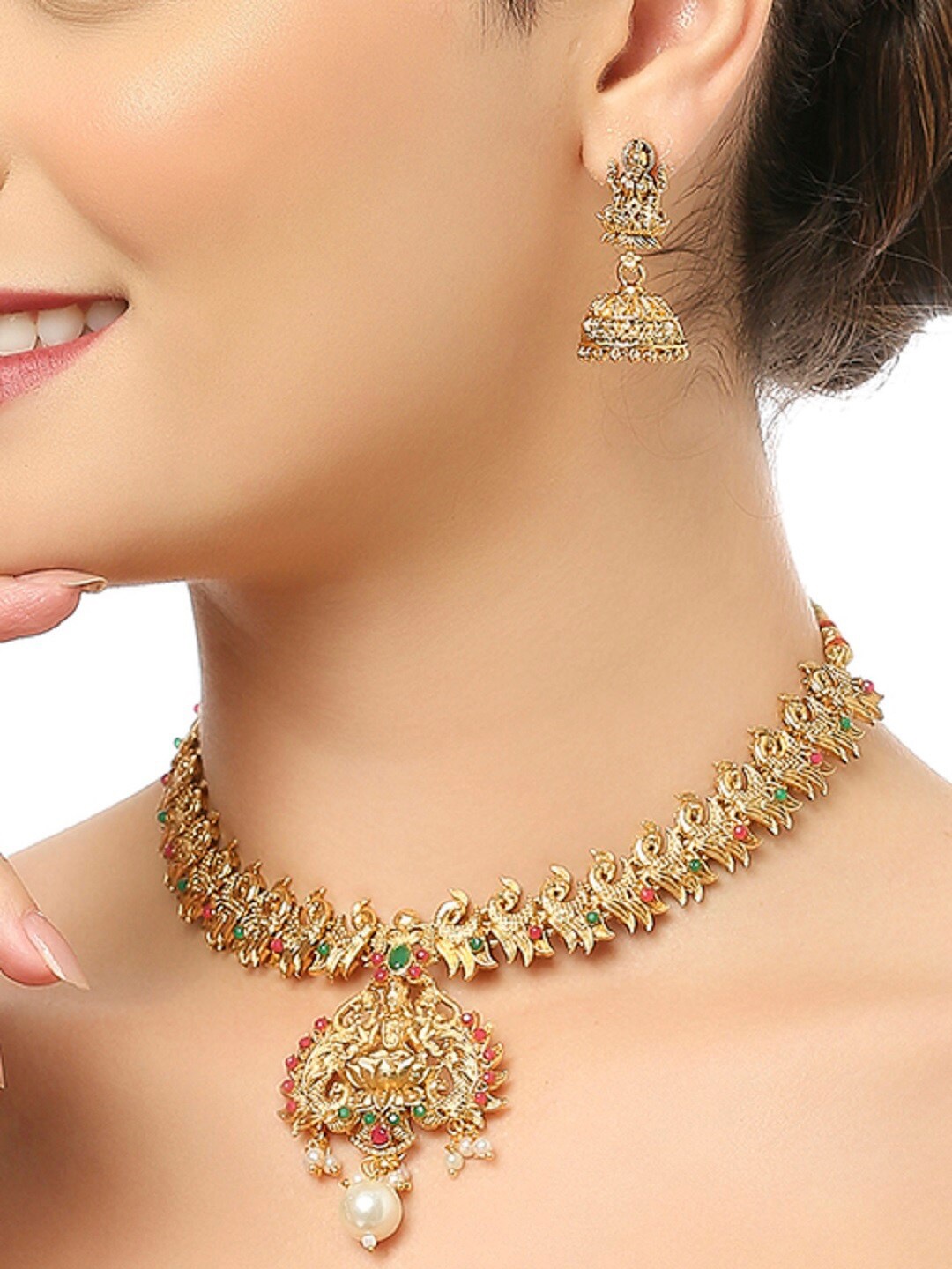 

OOMPH Gold-Plated Stone-Studded & Beaded Goddess Laxmi-Motif Choker Jewellery Set