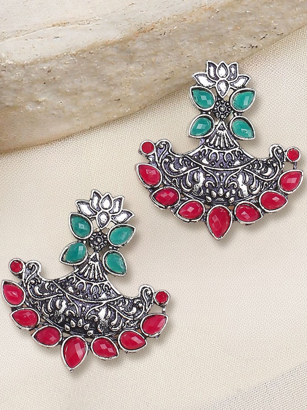 

OOMPH Stone-Studded Floral Drop Earrings, Silver
